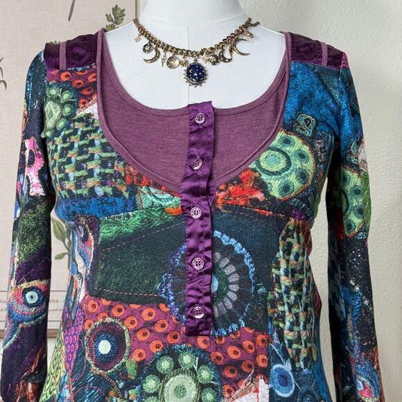 Desigual Graphic Print Tie Henley Top Whimsigoth Whimsy Twee Y2k Fairy Grunge M - Picture 3 of 10